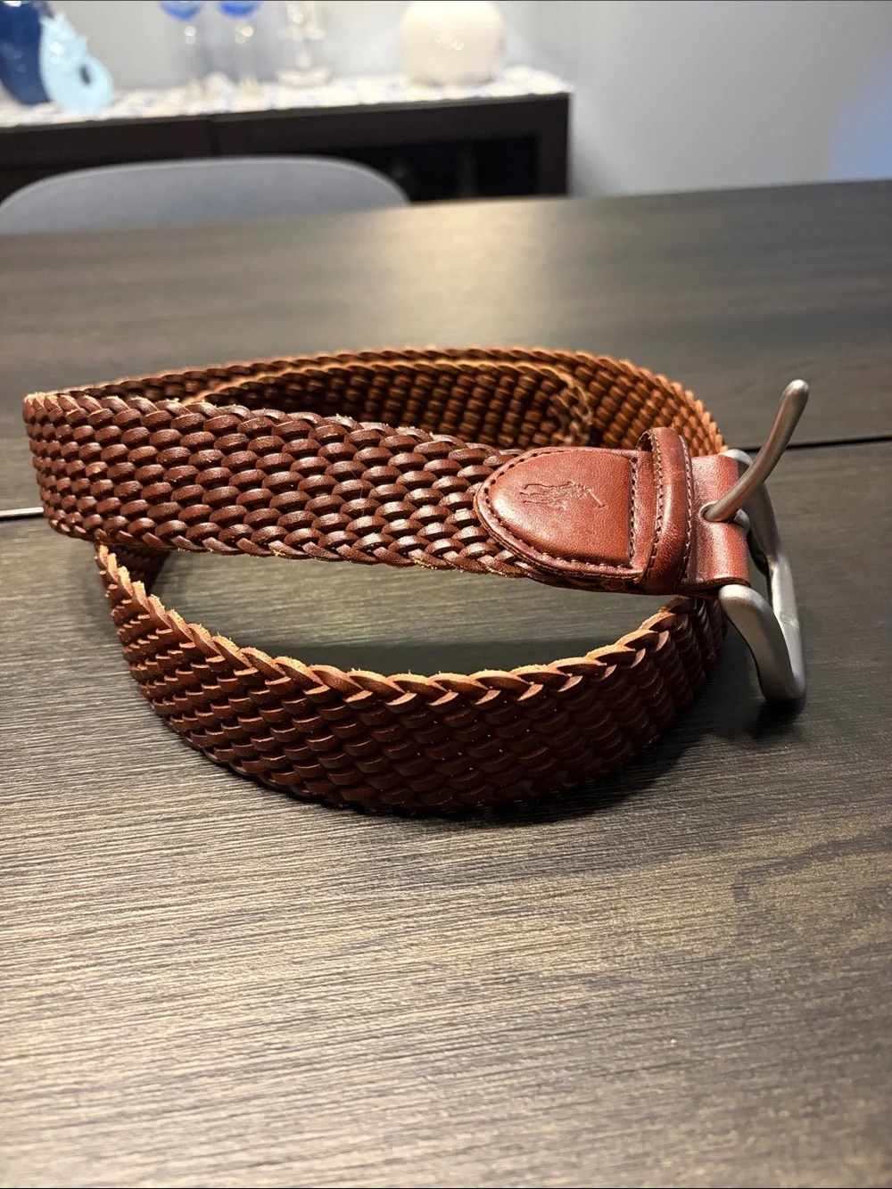 Polo Ralph Lauren Brown Braided Woven Leather Belt Silver Buckle Size 36